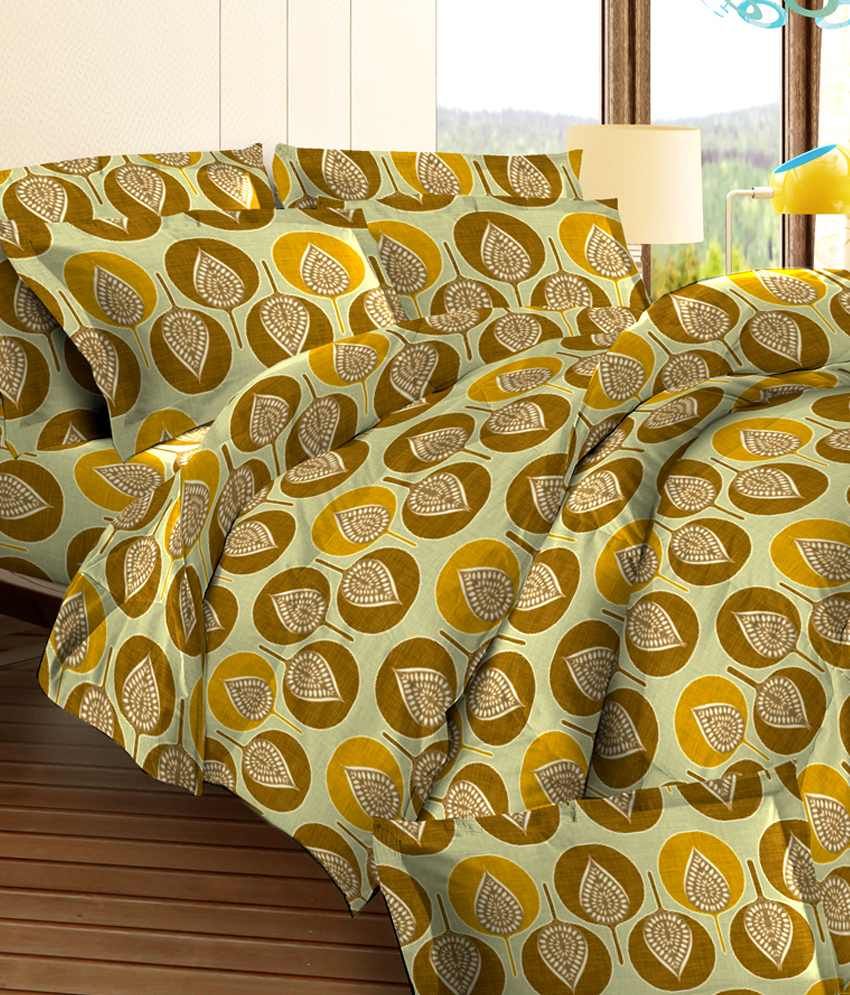 Bombay Dyeing Yellow Natural Cotton Double Bed Sheet With 2 Pillow Covers (clover Collection