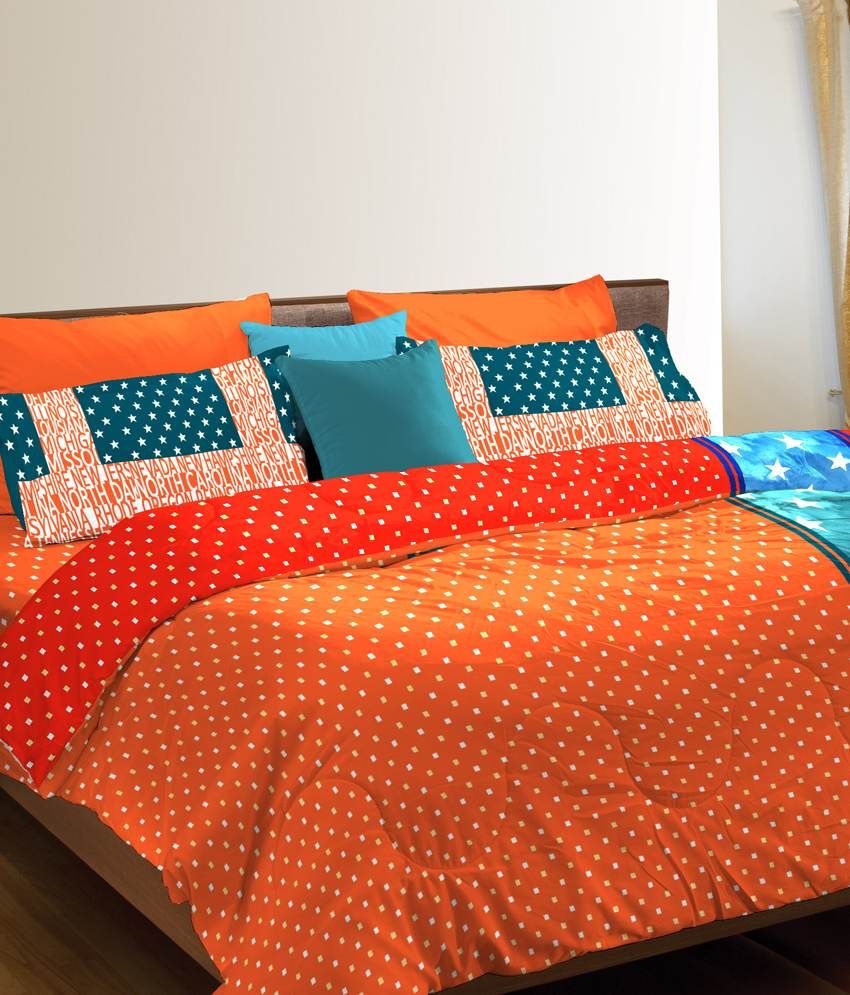 Home Expression Usa Orange Printed Cotton Double Bed Sheet With 2 Pillow Covers (lorrian