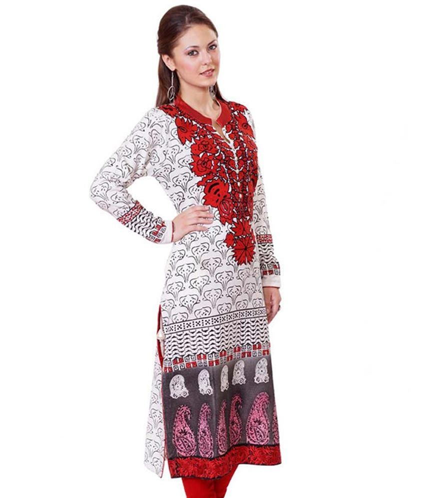 Ekaiva White Woollen Chinese Collar Embroidered Kurti Buy Ekaiva