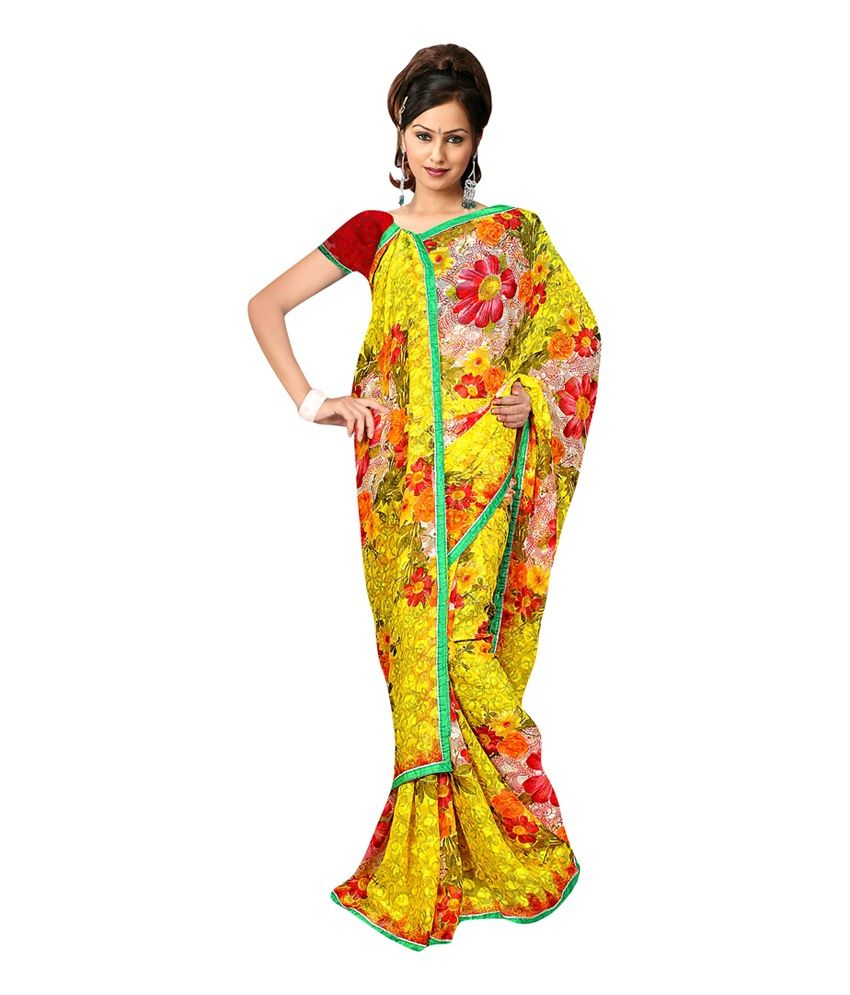 Raina Yellow Brasso Printed Saree With Blouse Piece Buy Raina Yellow