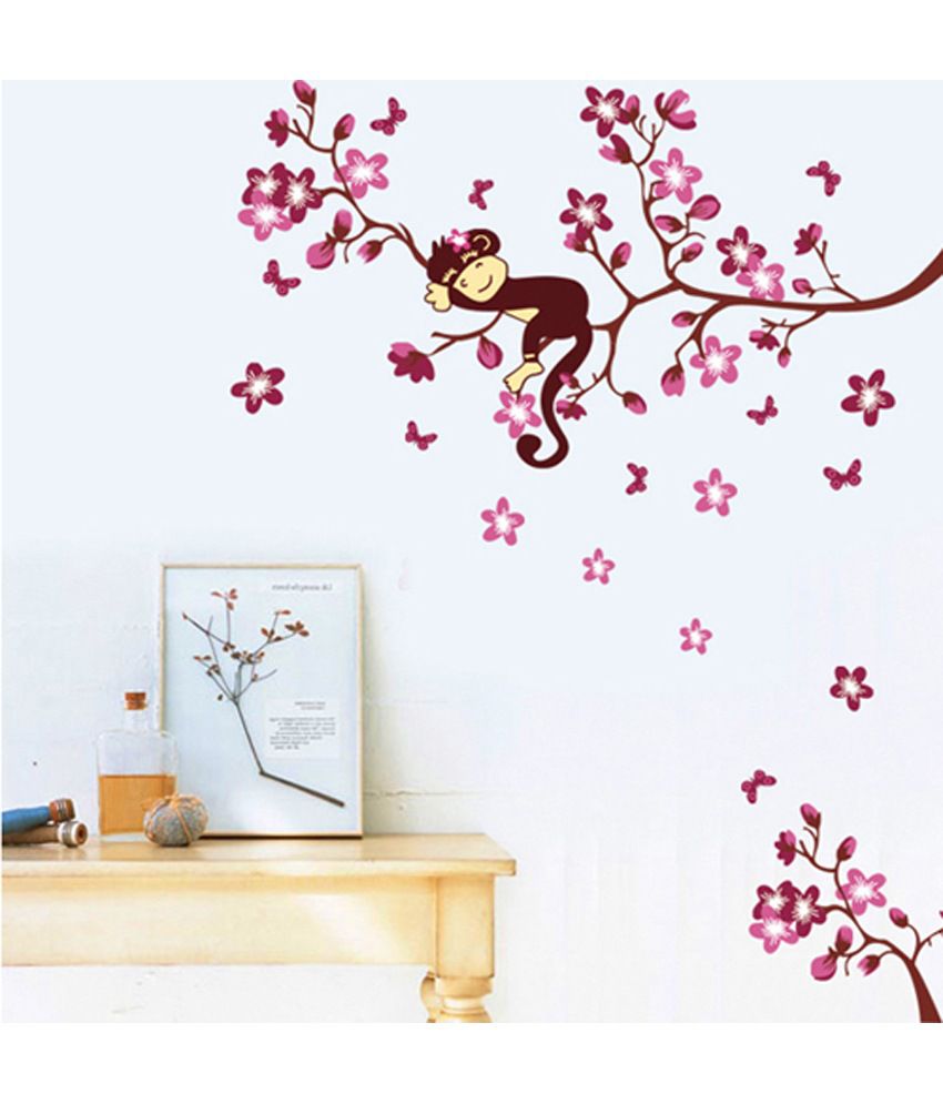     			Asmi Collection Pvc Wall Stickers Wall Decals Pink Branches Monkey