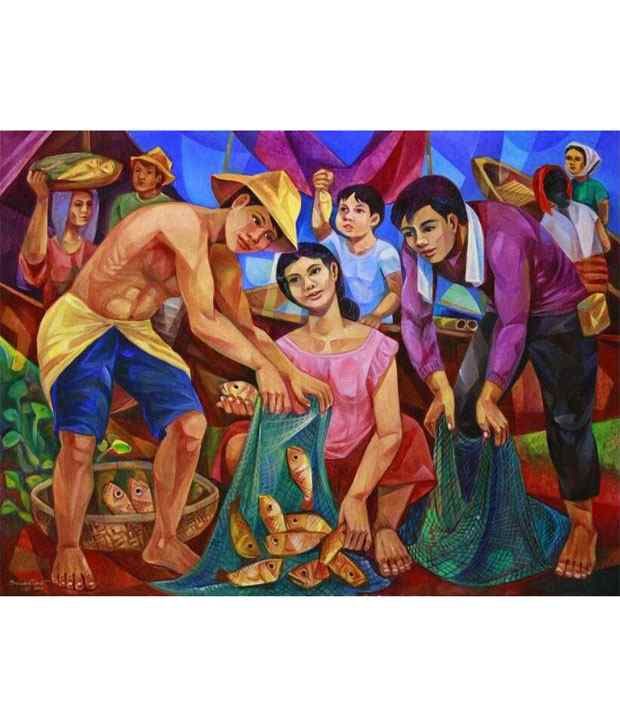D M Art Creation Fisher Lady With Villagers Painting Buy D M Art