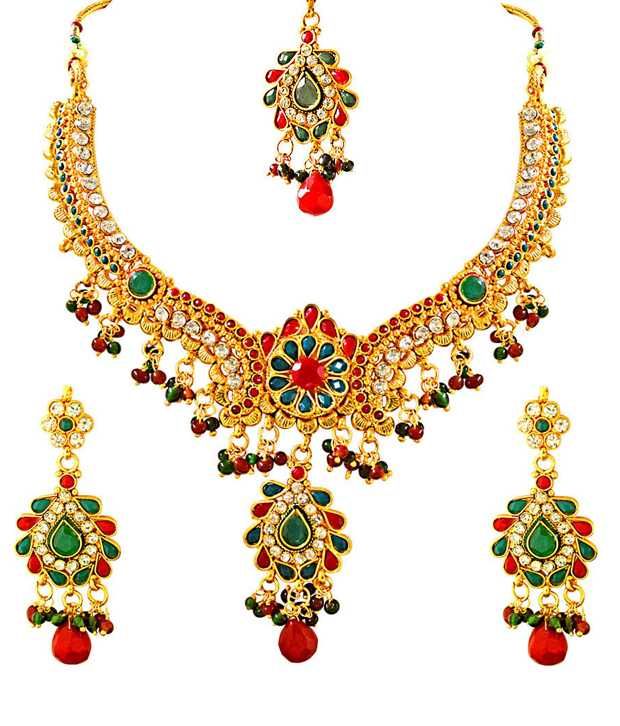 Surat Diamonds Traditional Red, Green & White Stone & Gold Plated 