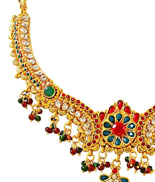 Surat Diamonds Traditional Red Green And White Stone And Gold Plated