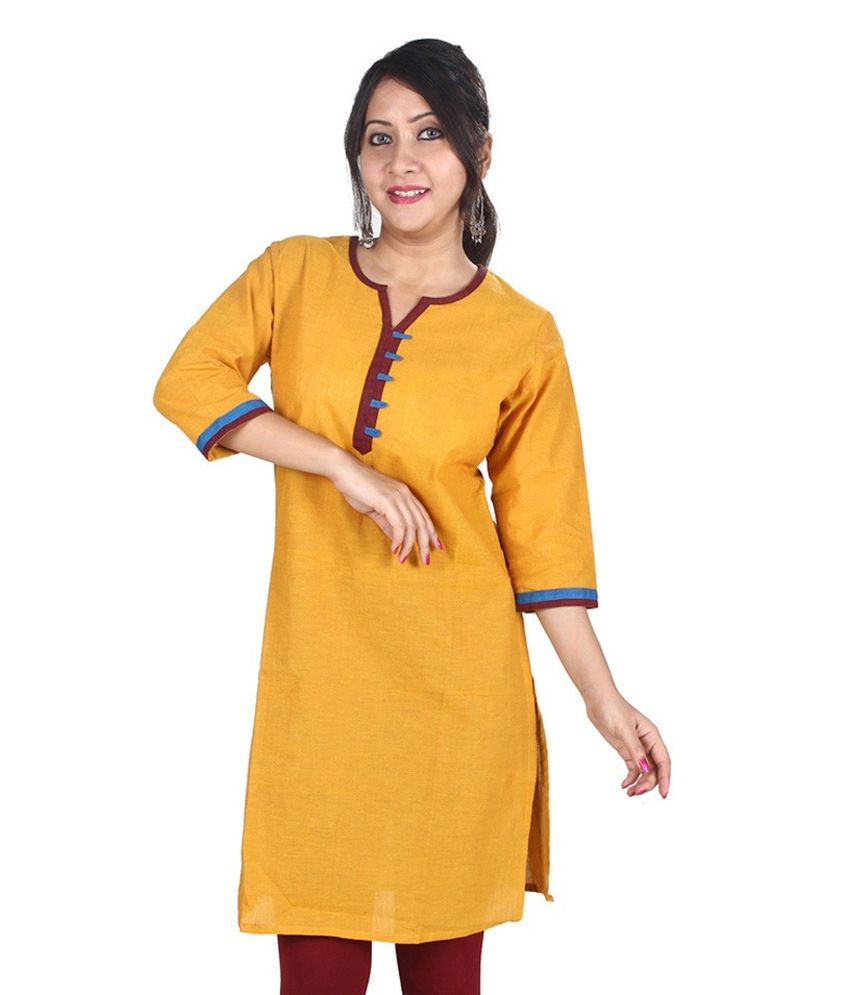 Mreach Yellow Plain Cotton V-neck 3/4th Sleeves Kurtis - Buy Mreach ...