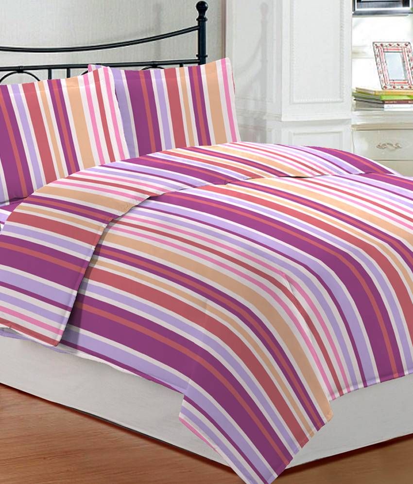 Bombay Dyeing Purple Stripes Cotton Double Bed Sheet With 2 Pillow