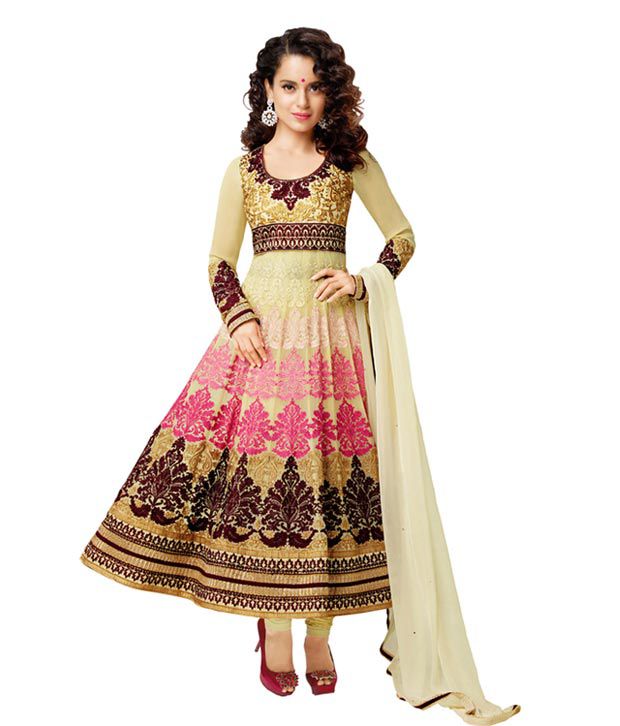 Desi Look Gold Gerogette Semi Stiched Hand Work Anarkali Dress Material ...