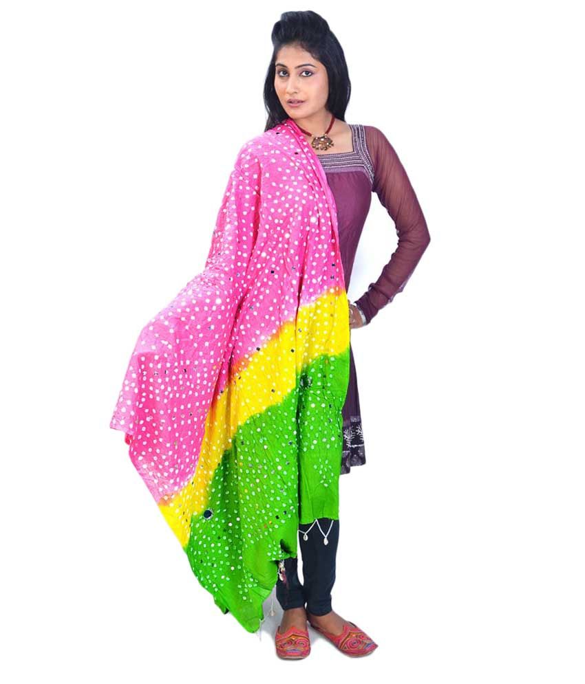 Little India Tri Color Handwork Bandhej Designer Cotton Dupatta Price ...