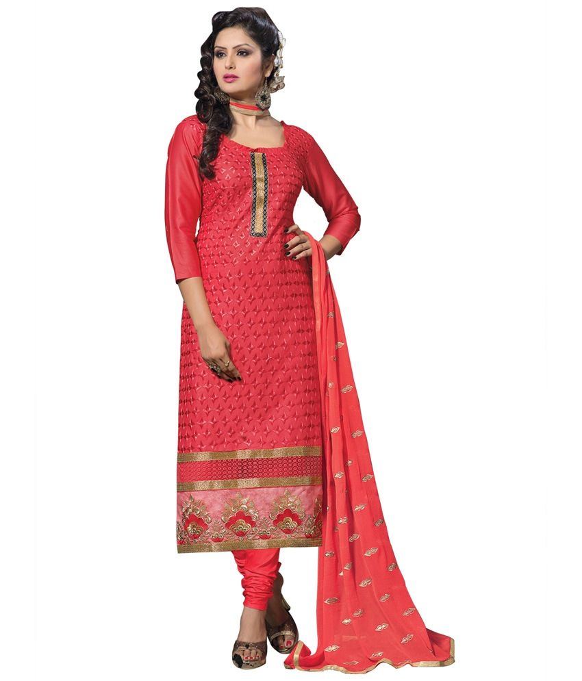 Surat Tex Red Embroidered Cotton Anarkali Dress Material Buy Surat