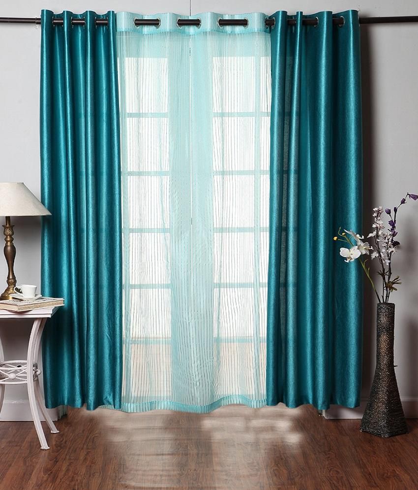     			Homefab India Plain Semi-Transparent Eyelet Window Curtain 5ft (Pack of 3) - Aqua