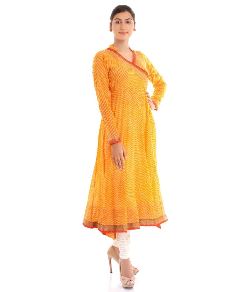 Naksh Jaipur Ethenic Cotton Yellow Angrakha Anarkali Kurta - Buy Naksh ...