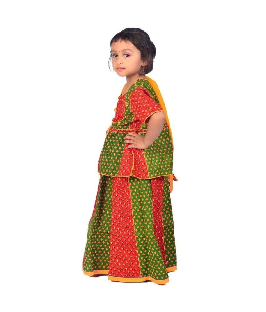 Little India Rajasthani Red Green Booti Work Lehenga Kurti Set - Buy ...