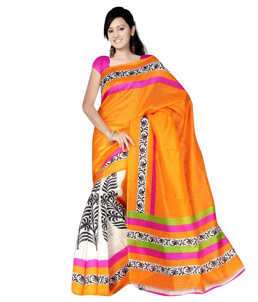 Paras Embroidery Yellow And Orange Bhagalpuri Silk Saree Buy Paras Embroidery Yellow And