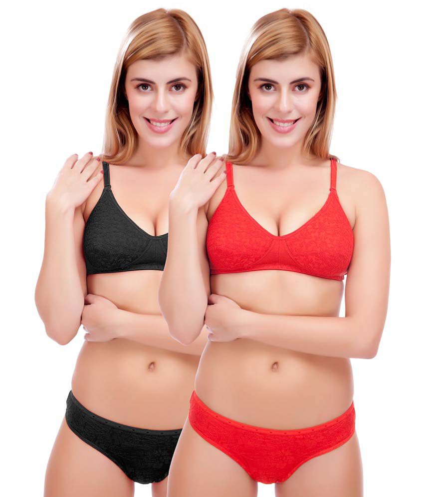     			Selfcare Black and Red Color Bra & Panty Sets Pack of 2