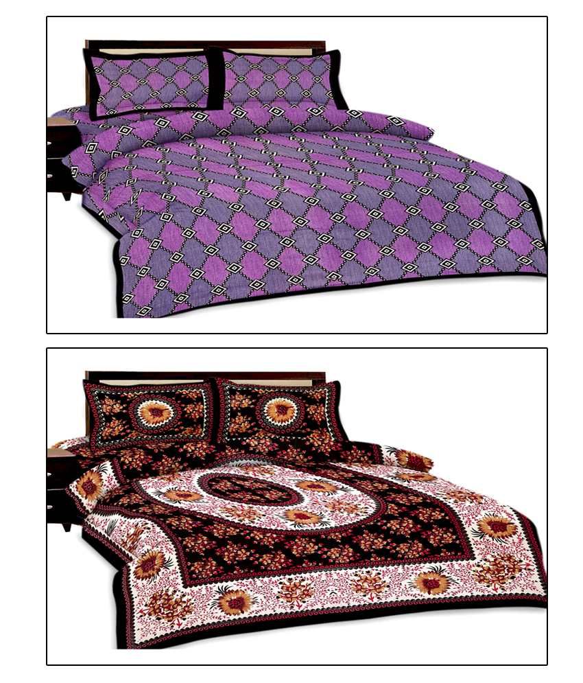 Shop Rajasthan Multicolour Printed Cotton 2 Bed Sheets With 4 Pillow
