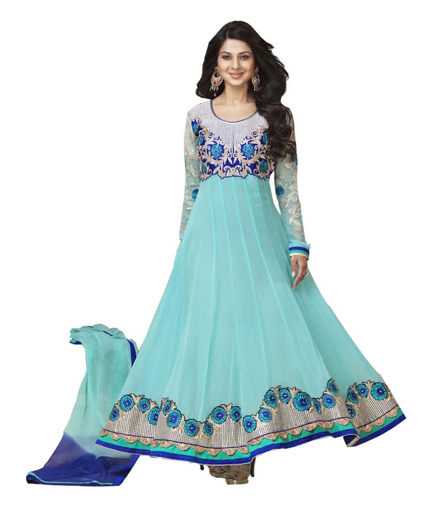 Sos Blue and Grey Faux Embroidedred SemiStitched Dress