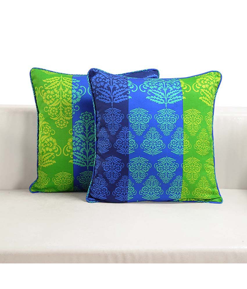     			Swayam Green And Blue Floral Cotton Cushion Cover (set Of 2)