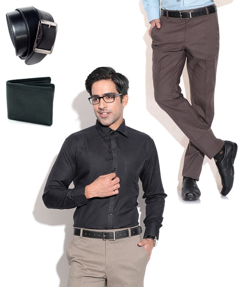 black shirt and brown trousers