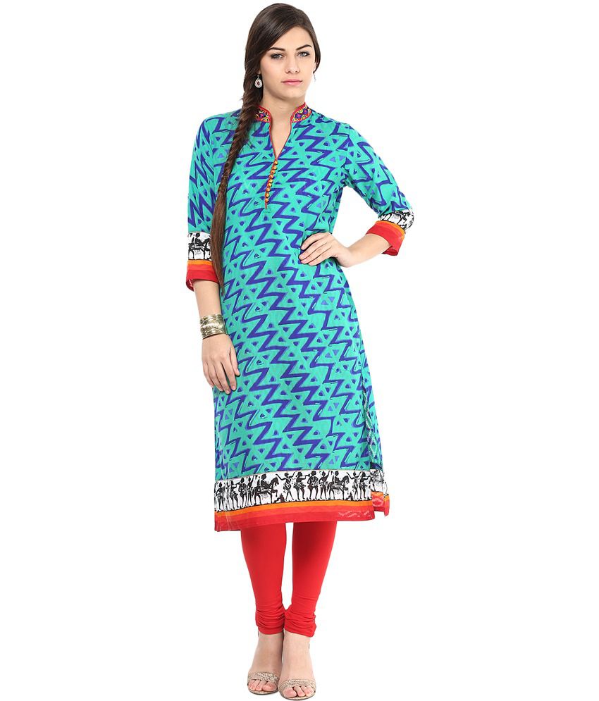 Prakhya Blue Cotton Chinese Collar Kurti - Buy Prakhya Blue Cotton ...