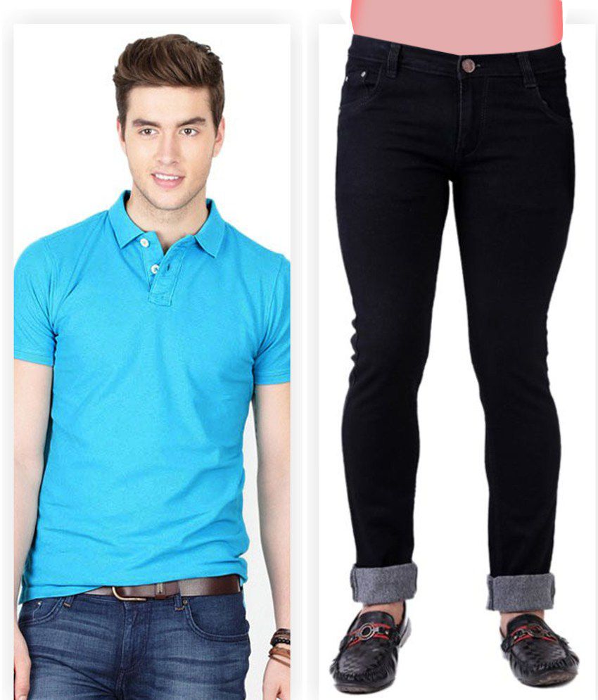 blue t shirt and black jeans
