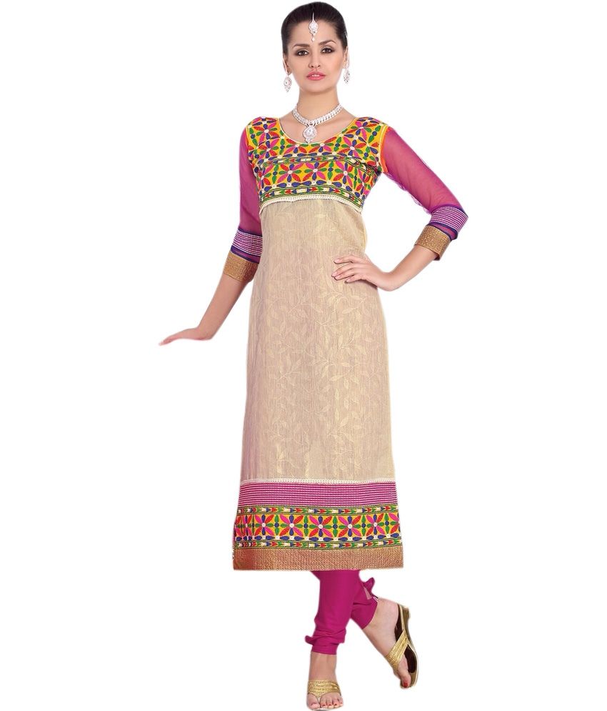 Vrishti Fashion Pretty Beige Cotton Heavy Embridered Designer Dress Material - Buy Vrishti 