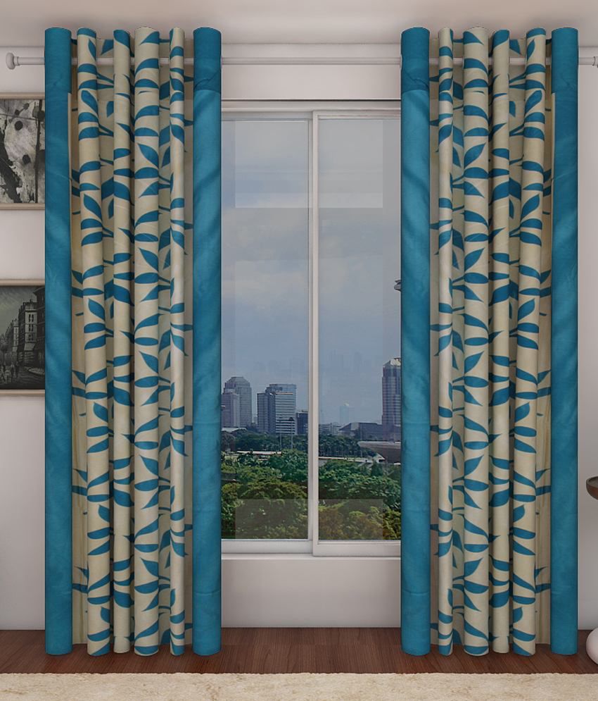     			Home Candy Set of 2 Long Door Eyelet Curtains Floral Blue