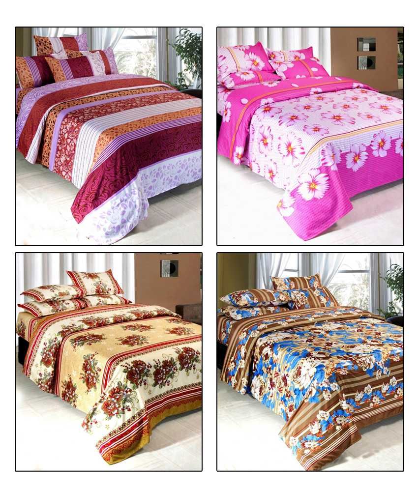 Vertex Beige And Purple Floral Polyester 4 Bed Sheets FreeBie(8 pillow