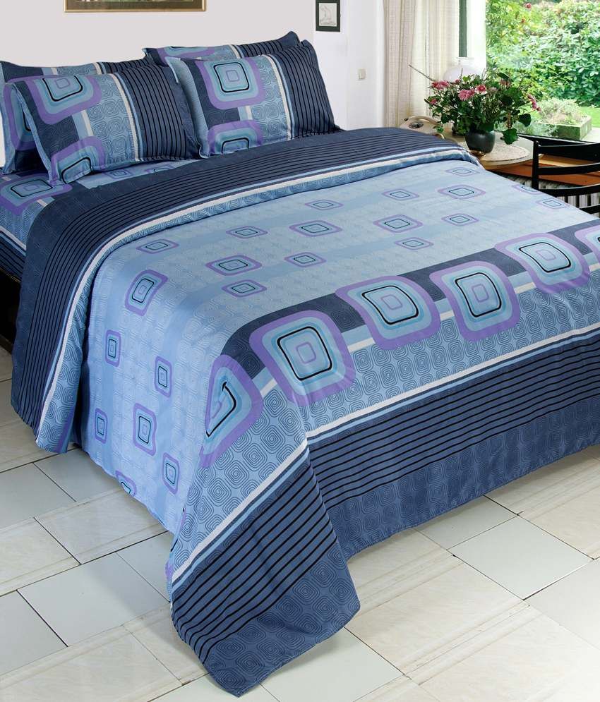 Vertex Blue And Yellow Floral Polyester 4 Bed Sheets FreeBie(8 pillow