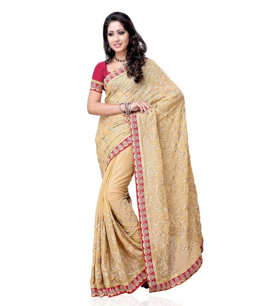 Paree Cration Rich Gold Jaal Embroidered Pure Chiffon Saree With Blouse ...