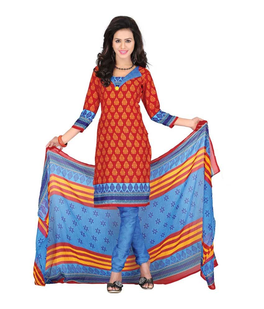 101cart Red Printed Cotton Dress Material Buy 101cart Red Printed