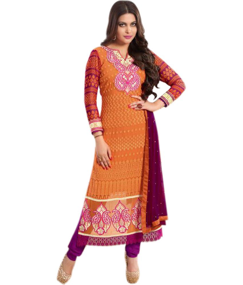 Vardha Trendz Glorious Orange Pure Georgette Heavy Embridered Designer ...