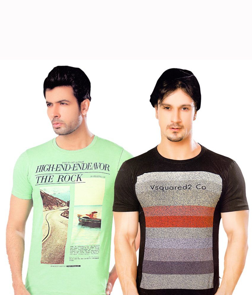 Vsquared2 Green Cotton Round Neck Half Sleeves T-shirt - Combo Of 2 - Buy Vsquared2 Green Cotton 