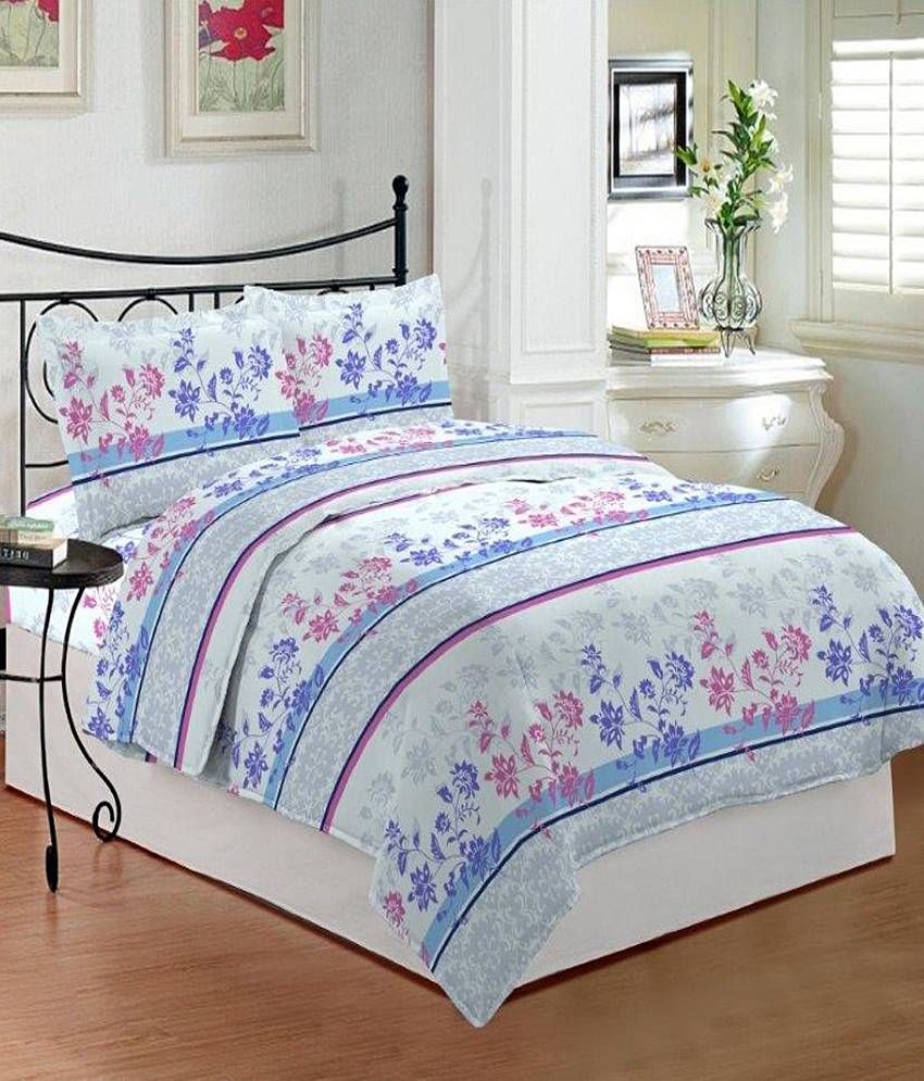 Bombay Dyeing Blue Floral Cotton Double Bedsheet With 2 Pillow Covers