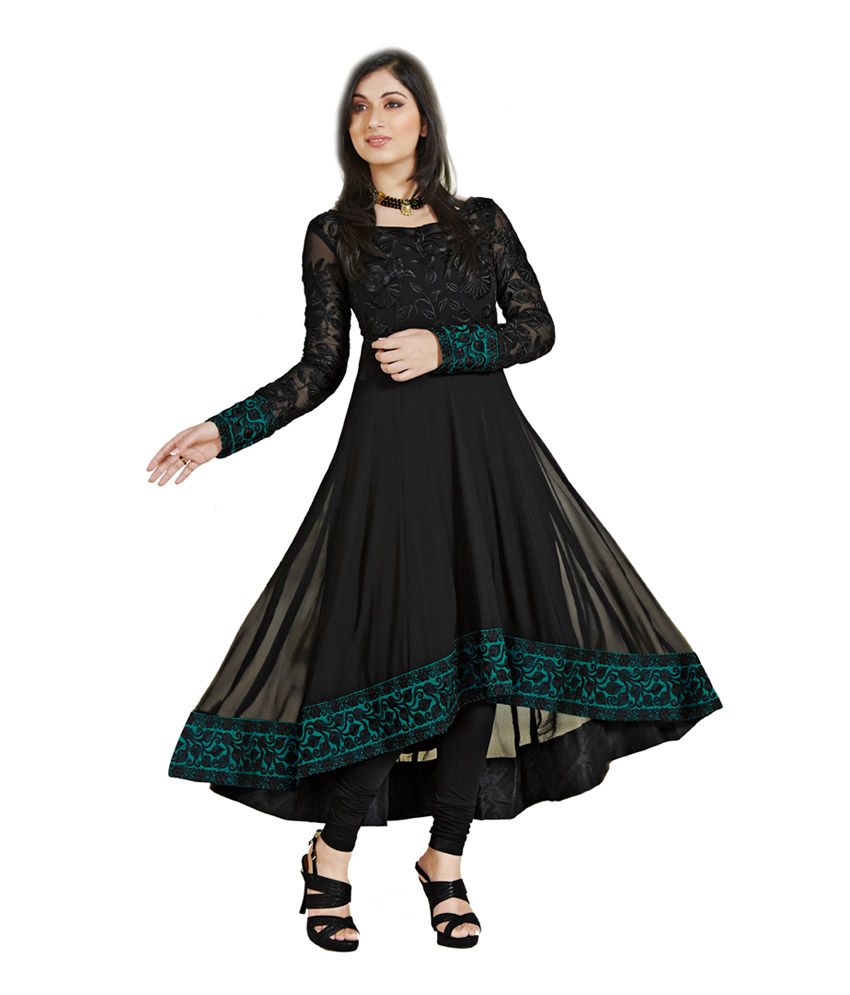 ANARKALI PLUS Black Faux Georgette Unstitched Dress Material - Buy ...