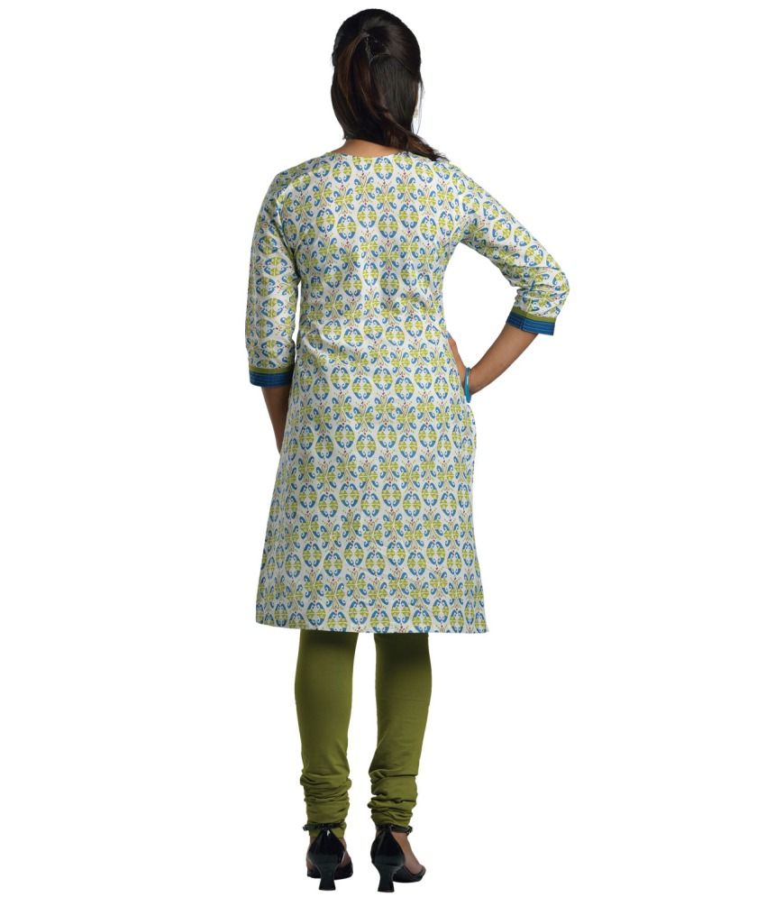 Readymade Saffron Printed Simple Cotton Kurti In Off White And Green