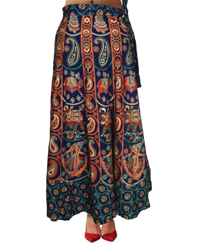 Buy Shopatplaces Block Print Jaipuri Wraparound Skirt In Persian Blue ...