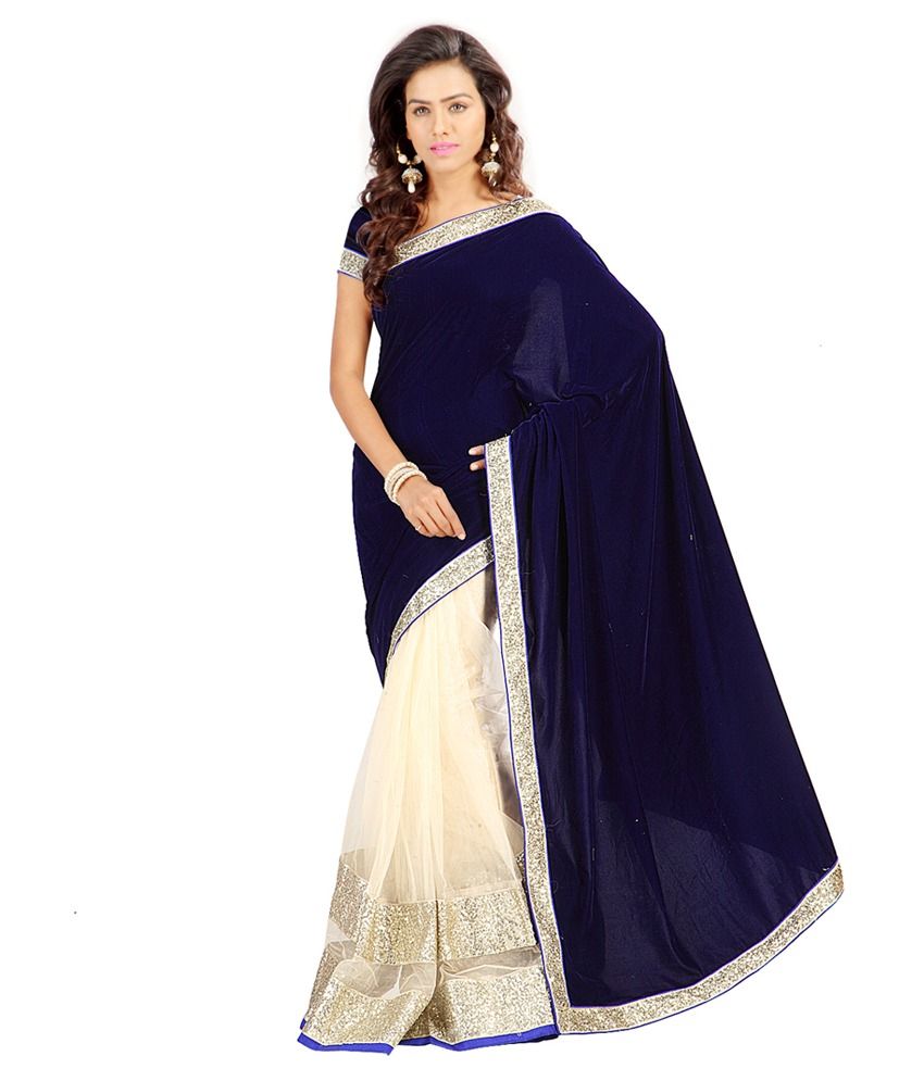 Stylo Sarees Blue And White Velvet Saree Buy Stylo Sarees Blue And White Velvet Saree Online