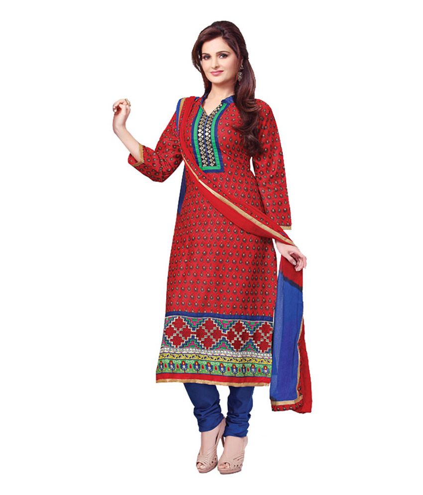 Stylo Fashion Red Cotton Unstitched Dress Material - Buy Stylo Fashion ...