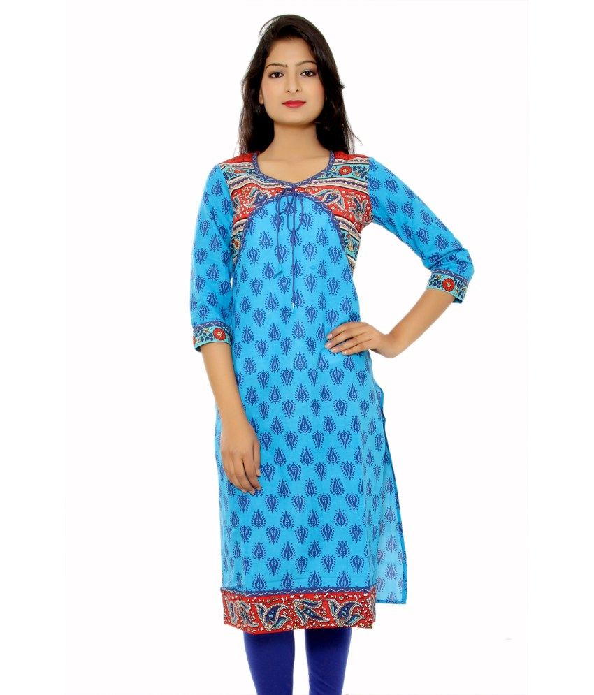 Adesa Blue Cotton Kantha Work Kurti - Buy Adesa Blue Cotton Kantha Work ...