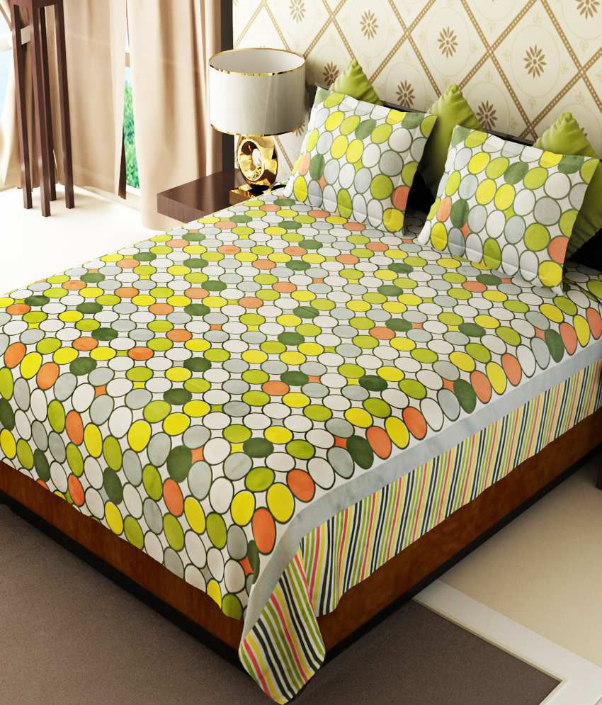     			Home Candy Green & Gray Geometrical Cotton Double Bed Sheet With 2 Pillow Covers