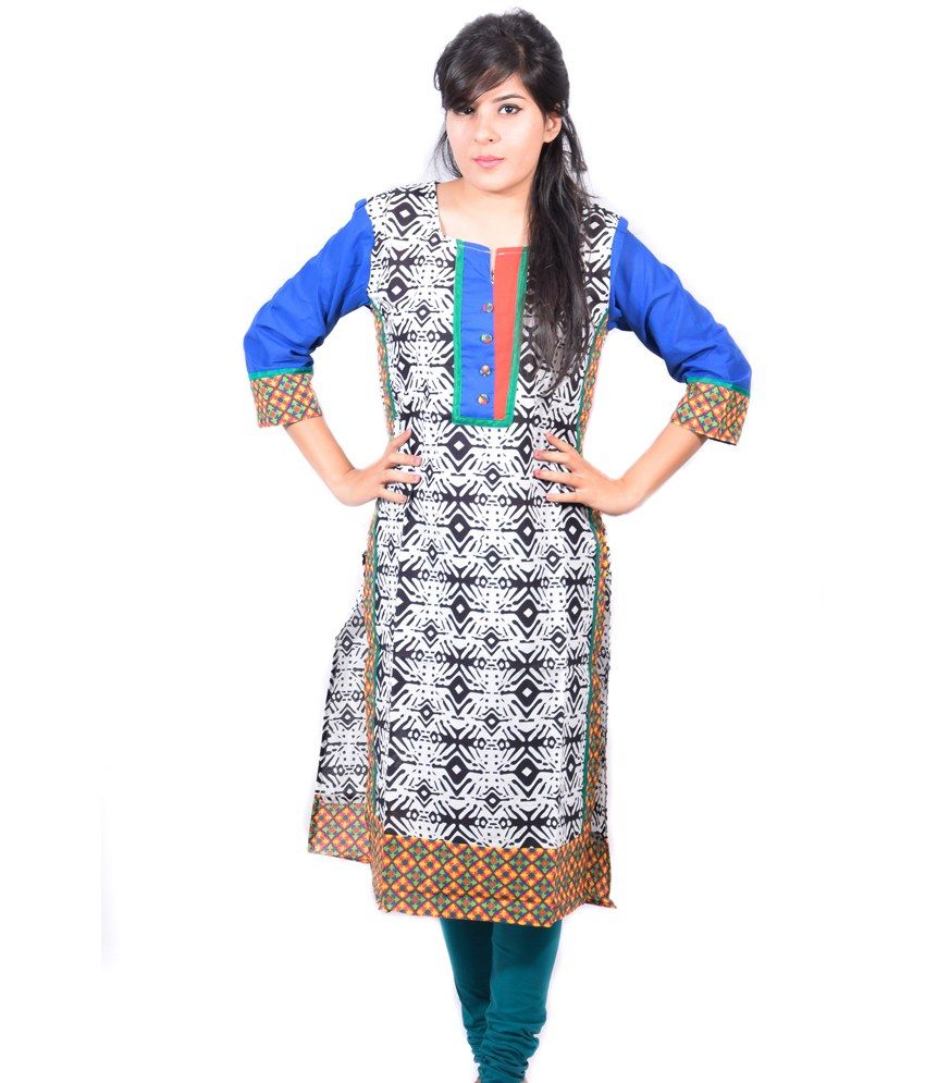 Aakashi dark blue printed cotton boat neck 34th sleeves long kurti Aakashi dark blue printed cotton boat neck 34th sleeves long kurti