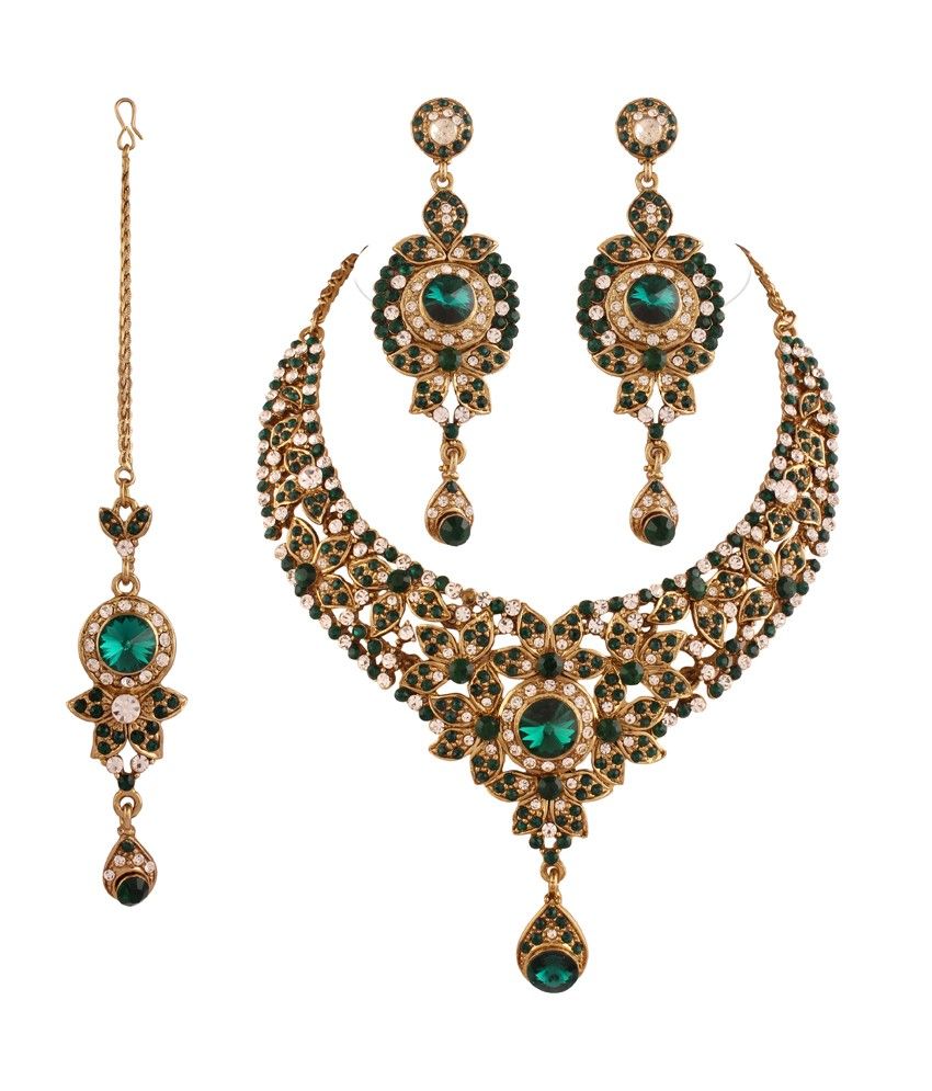 I Jewels Green Gold Plated Necklace Set with Maang Tika and Earrings
