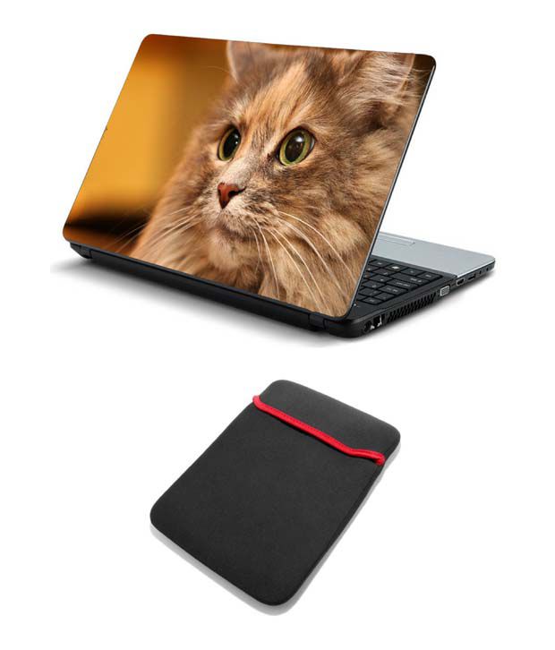 Print Shapes Cat Face Eyes Fluffy Laptop Skin With Laptop Sleeve - Buy ...