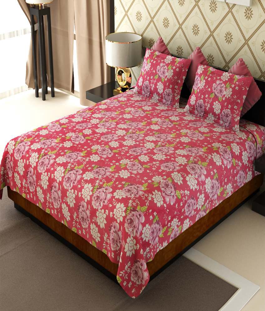     			Amethyst Pink Floral Poly Cotton Double Bed Sheet with 2 Pillow Covers