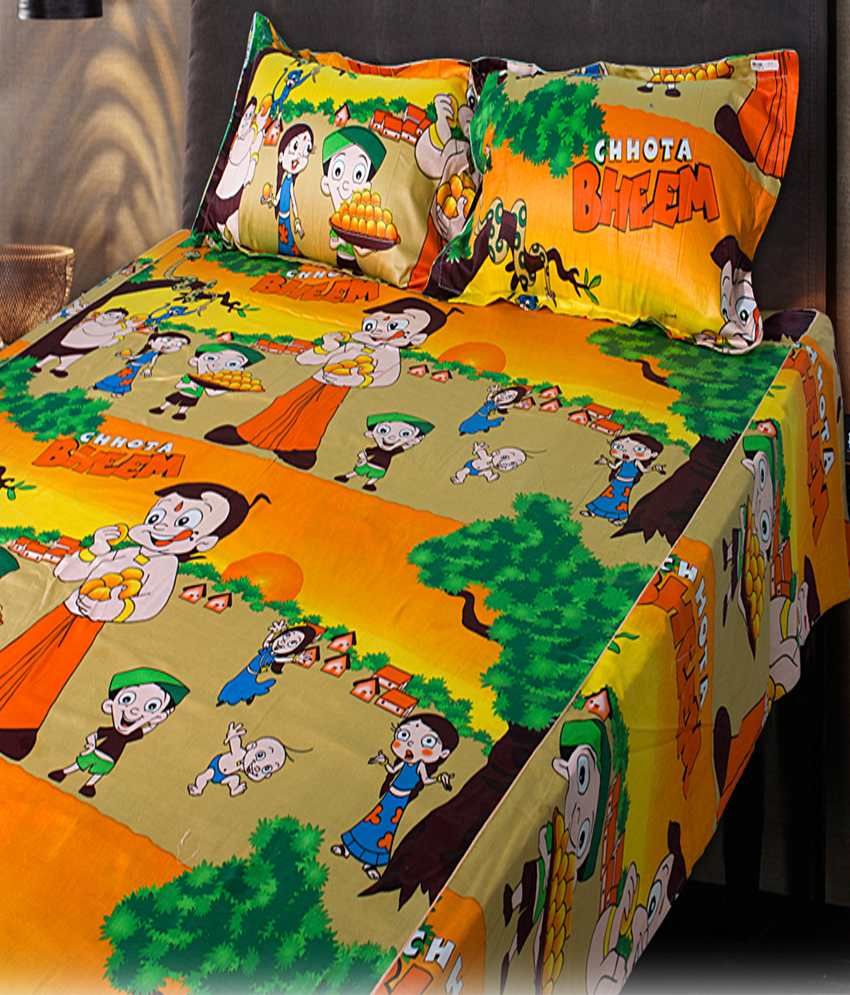 eCraftIndia Set of Chota Bheem and Beautiful Princess Kids Double Bedsheet with 2 Pillow Cover