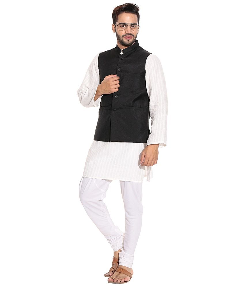 Zion White Cotton Full Sleeves Kurta Pyjama Set With Black Nehru Jacket