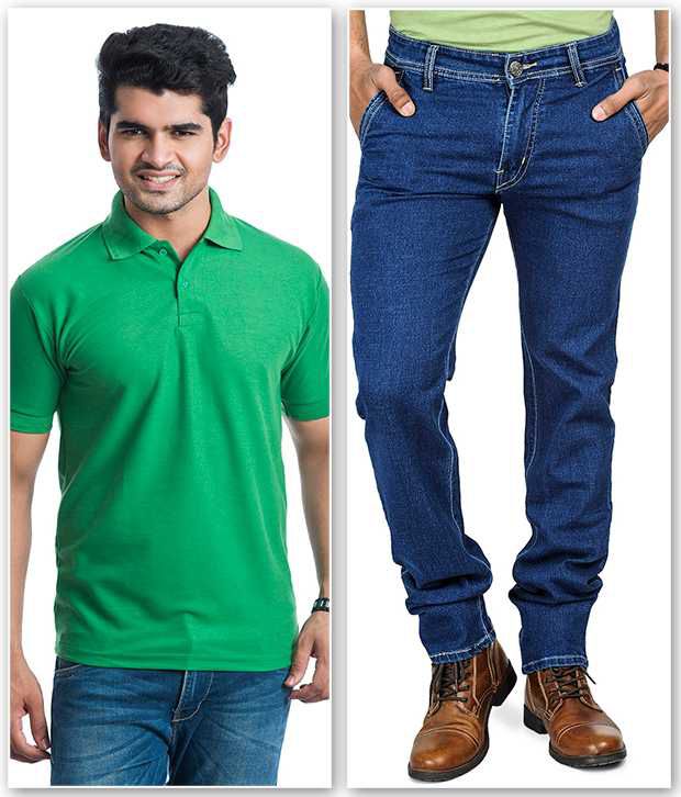 green t shirt with blue jeans