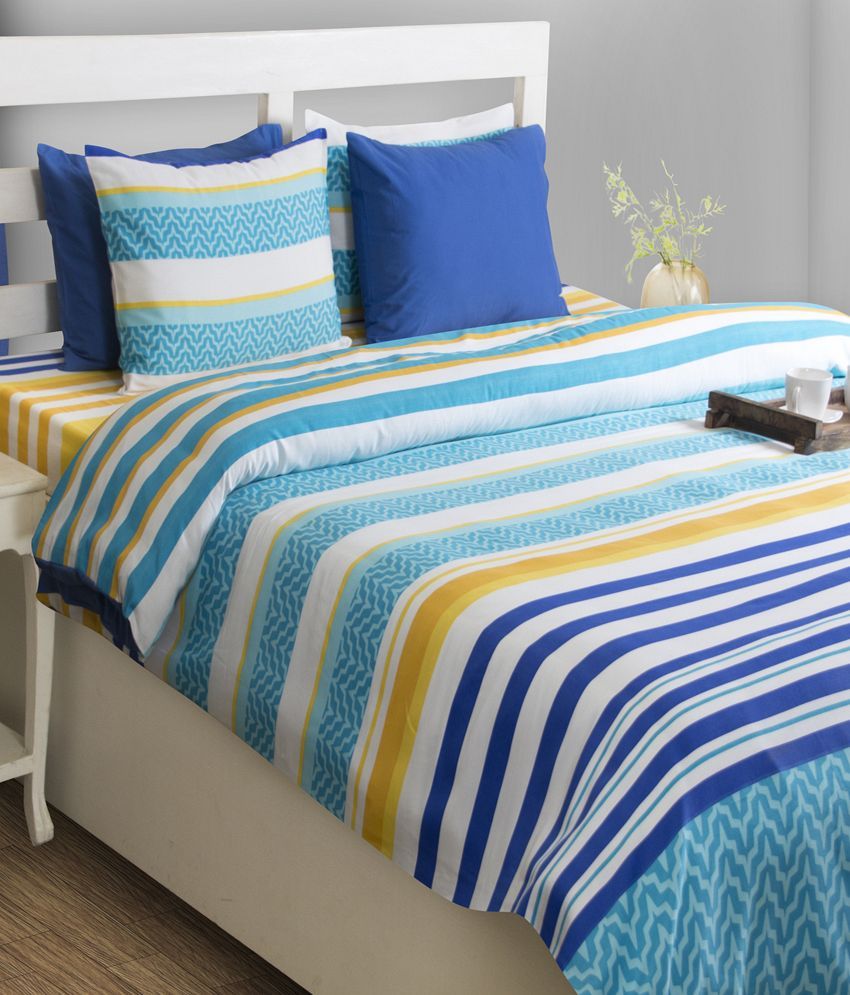 House This Blue Smart Stripes Double Bed Sheet With 2 Pillow Covers
