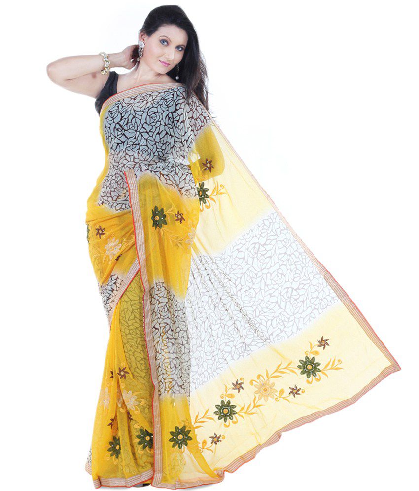 Ishani Saree Yellow & Yellow and Grey Embroidered Pure Chiffon Designer ...