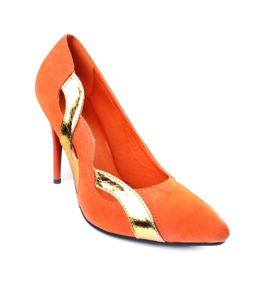 Lumiere Orange Pointed Toe Pumps With Pencil Heels And Side Strip in India- Buy Lumiere Orange Pointed Toe Pumps With Heels And Golden Side Strip Online at Snapdeal